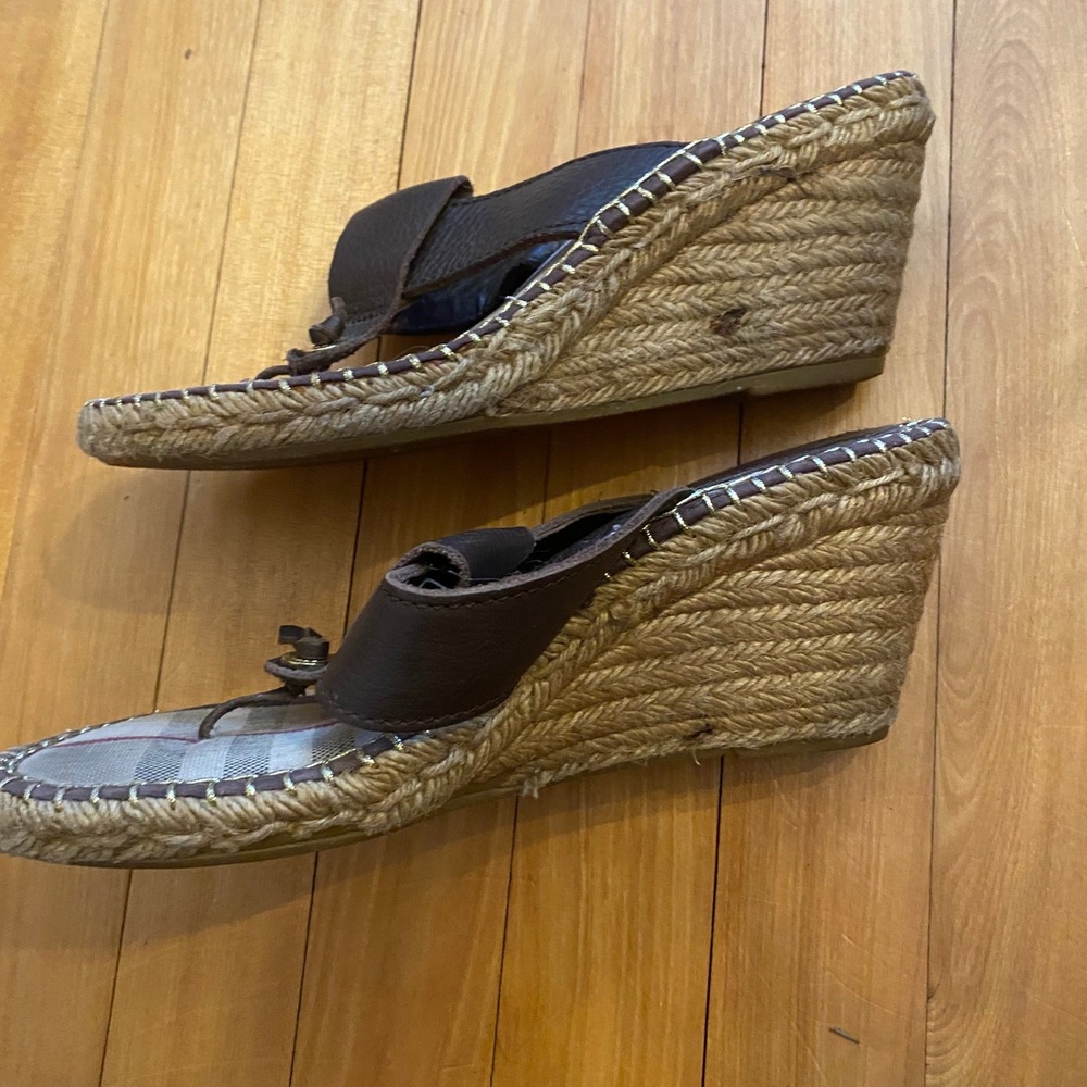 Burberry Women's Nova Check Espadrille Wedge Sandals Brown Leather Size 40 - Picture 6 of 7